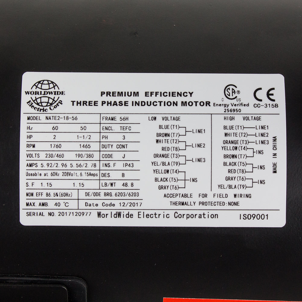  2 HP 3 Phase Electric Motor 1760 RPM 56H Frame 230/460V TEFC(2 Hp Electric Motor 3 Phase Premium Efficiency 56h Frame 1800 Rpm Tefc 230 460 V)