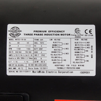  2 HP 3 Phase Electric Motor 1760 RPM 56H Frame 230/460V TEFC(2 Hp Electric Motor 3 Phase Premium Efficiency 56h Frame 1800 Rpm Tefc 230 460 V)