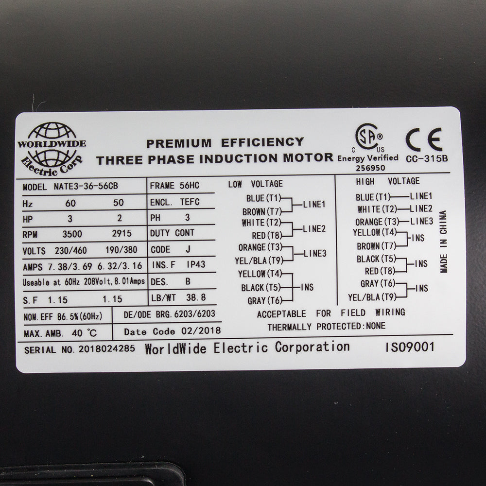  3 HP 3 Phase Electric Motor 3500 RPM 56HC Frame 230/460V TEFC C-Face(3 Hp Electric Motor 3 Phase 56hc Frame 3600 Rpm Tefc 208 230 460 Volt New)