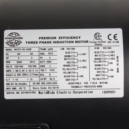  3 HP 3 Phase Electric Motor 3500 RPM 56HC Frame 230/460V TEFC C-Face(3 Hp Electric Motor 3 Phase 56hc Frame 3600 Rpm Tefc 208 230 460 Volt New)