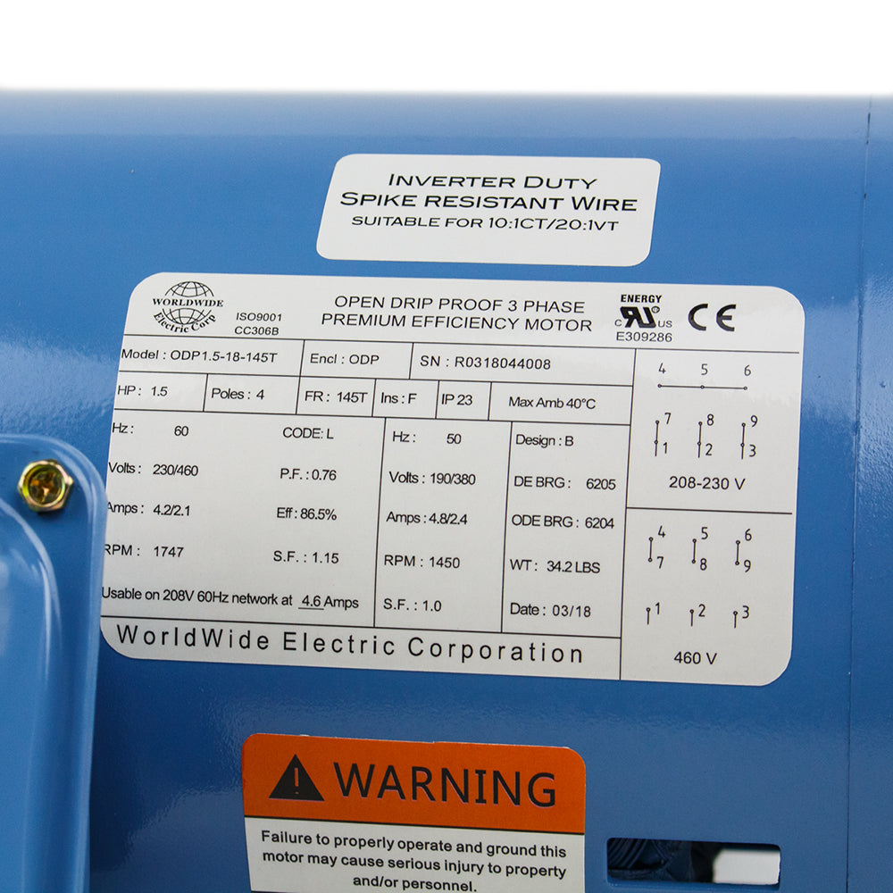  1.5 HP 3 Phase Electric Motor 1750 RPM 145T Frame 230/460V ODP(1 5 Hp 3 Phase Electric Motor 1800 Rpm 145t Frame Odp Open Drip Proof 230 460v)