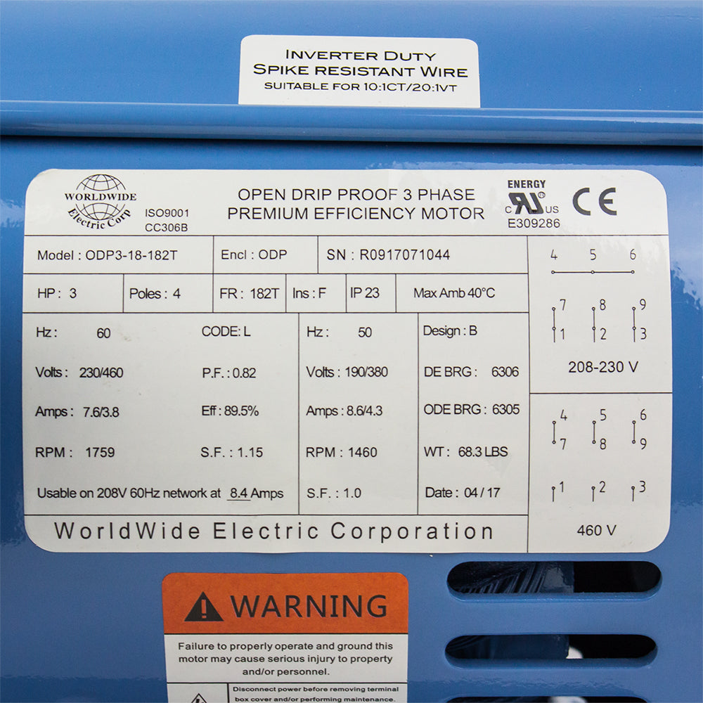  3 HP 3 Phase Electric Motor 1759 RPM 182T Frame 230/460V ODP(3 Hp 3 Phase Electric Motor 1800 Rpm 182t Frame Odp Open Drip Proof 230 460v)