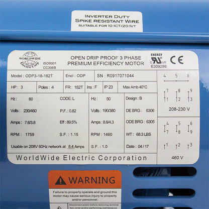  3 HP 3 Phase Electric Motor 1759 RPM 182T Frame 230/460V ODP(3 Hp 3 Phase Electric Motor 1800 Rpm 182t Frame Odp Open Drip Proof 230 460v)