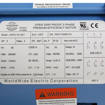  5 HP 3 Phase Electric Motor 1749 RPM 184T Frame 230/460V ODP(5 Hp 3 Phase Electric Motor 1800 Rpm 184t Frame Odp Open Drip Proof 230 460v)