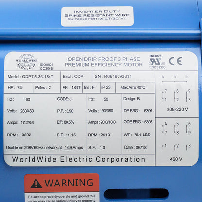  7.5 HP 3 Phase Electric Motor 3502 RPM 184T Frame 230/460V ODP(7 5 Hp 3 Phase Electric Motor 3500 Rpm 184t Frame Odp Open Drip Proof 230 460v)