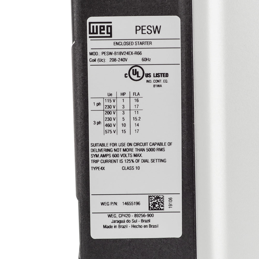  WEG 5 HP Three Phase Magnetic Starter Electric Motor Control NEMA4X 208-240 Volt(Weg 5 Hp Three Phase Magnetic Starter Electric Motor Control Nema4x 208 240 Volt)