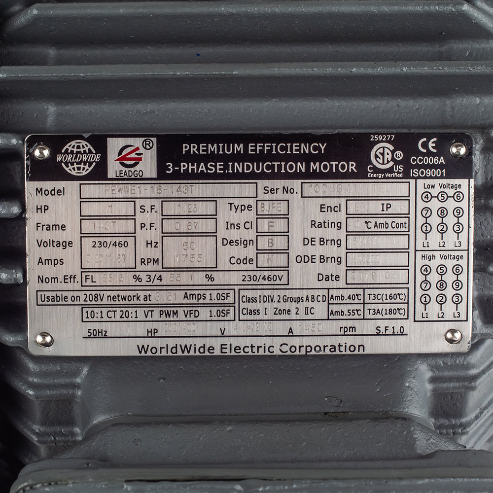  1 HP 3 Phase Electric Motor 1755 RPM 143T Frame 230/460V TEFC(1 Hp 3 Phase Electric Motor 1800 Rpm 143t Frame Tefc 230 460v Premium Efficiency)
