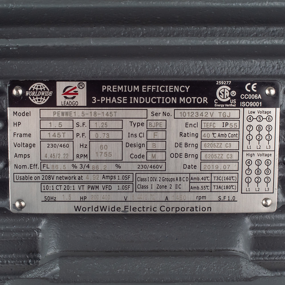  1.5 HP 3 Phase Electric Motor 1755 RPM 145T Frame 230/460V TEFC(1 5 Hp 3 Phase Electric Motor 1800 Rpm 145t Frame Tefc 230 460v Premium Efficiency)