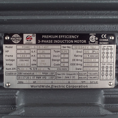  1.5 HP 3 Phase Electric Motor 1755 RPM 145T Frame 230/460V TEFC(1 5 Hp 3 Phase Electric Motor 1800 Rpm 145t Frame Tefc 230 460v Premium Efficiency)