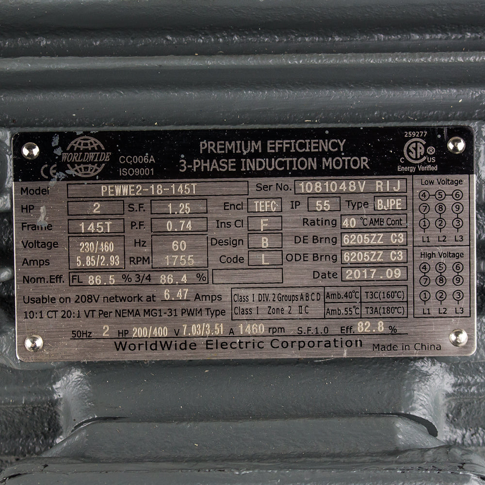  2 HP 3 Phase Electric Motor 1755 RPM 145T Frame 230/460V TEFC PEWWE2-18-145T(2 Hp 3 Phase Electric Motor 1800 Rpm 145t Frame Tefc 230 460v Premium Efficiency)