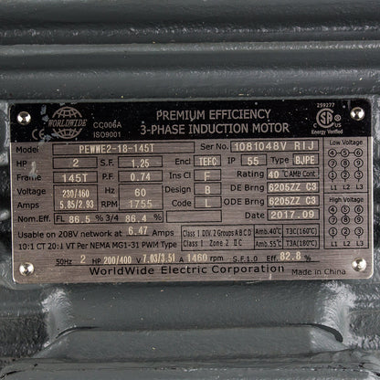  2 HP 3 Phase Electric Motor 1755 RPM 145T Frame 230/460V TEFC PEWWE2-18-145T(2 Hp 3 Phase Electric Motor 1800 Rpm 145t Frame Tefc 230 460v Premium Efficiency)
