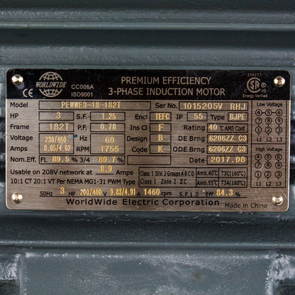  3 HP 3 Phase Electric Motor 1755 RPM 182T Frame 230/460V TEFC(3 Hp 3 Phase Electric Motor 1800 Rpm 182t Frame Tefc 230 460v Premium Efficiency)