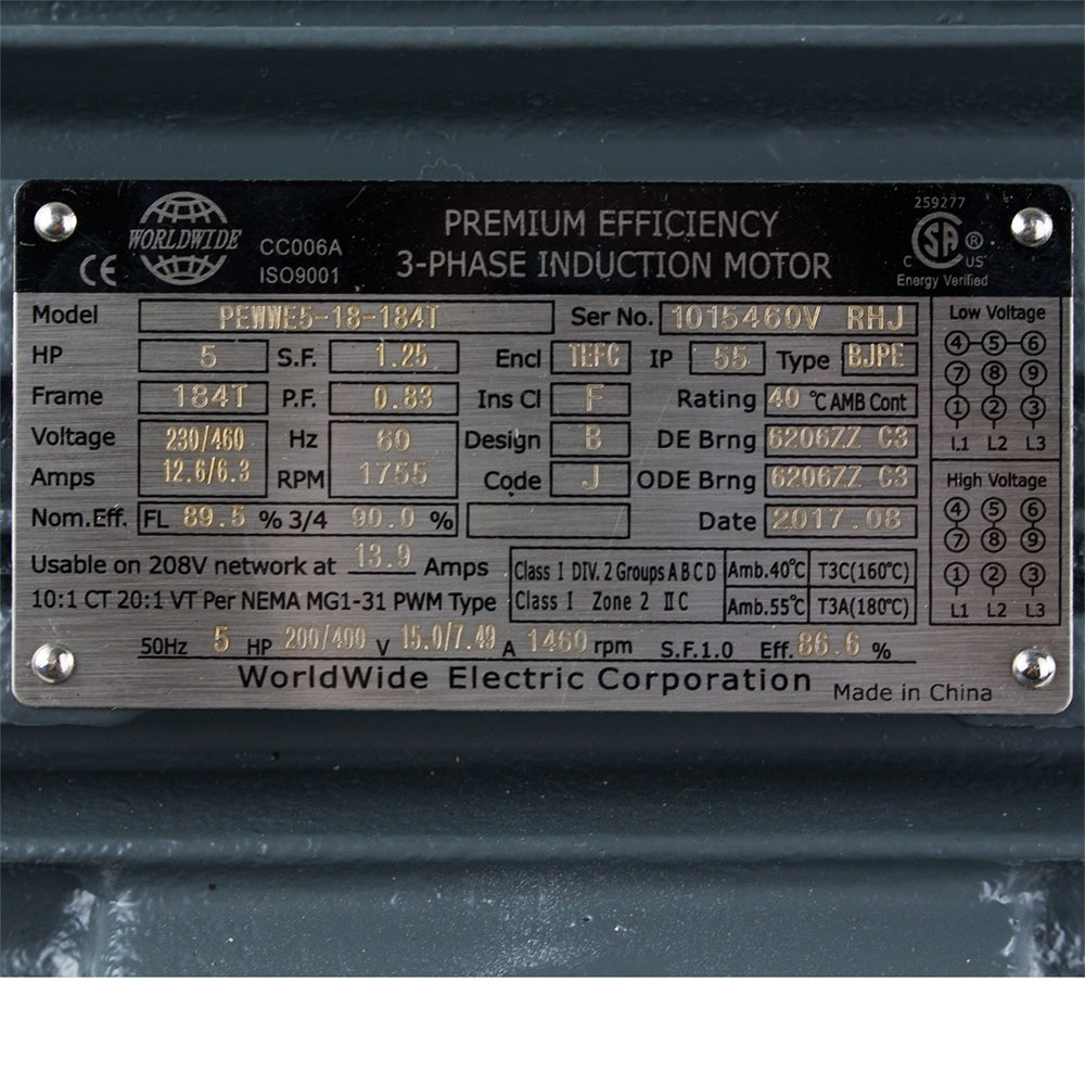  5 HP 3 Phase Electric Motor 1755 RPM 184T Frame 230/460V TEFC PEWWE5-18-184T(5 Hp 3 Phase Electric Motor 1800 Rpm 184t Frame Tefc 230 460 Volt Severe Duty)