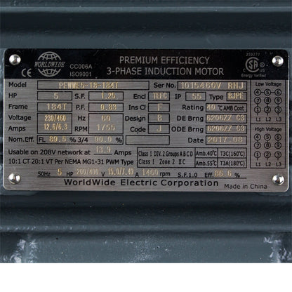  5 HP 3 Phase Electric Motor 1755 RPM 184T Frame 230/460V TEFC PEWWE5-18-184T(5 Hp 3 Phase Electric Motor 1800 Rpm 184t Frame Tefc 230 460 Volt Severe Duty)