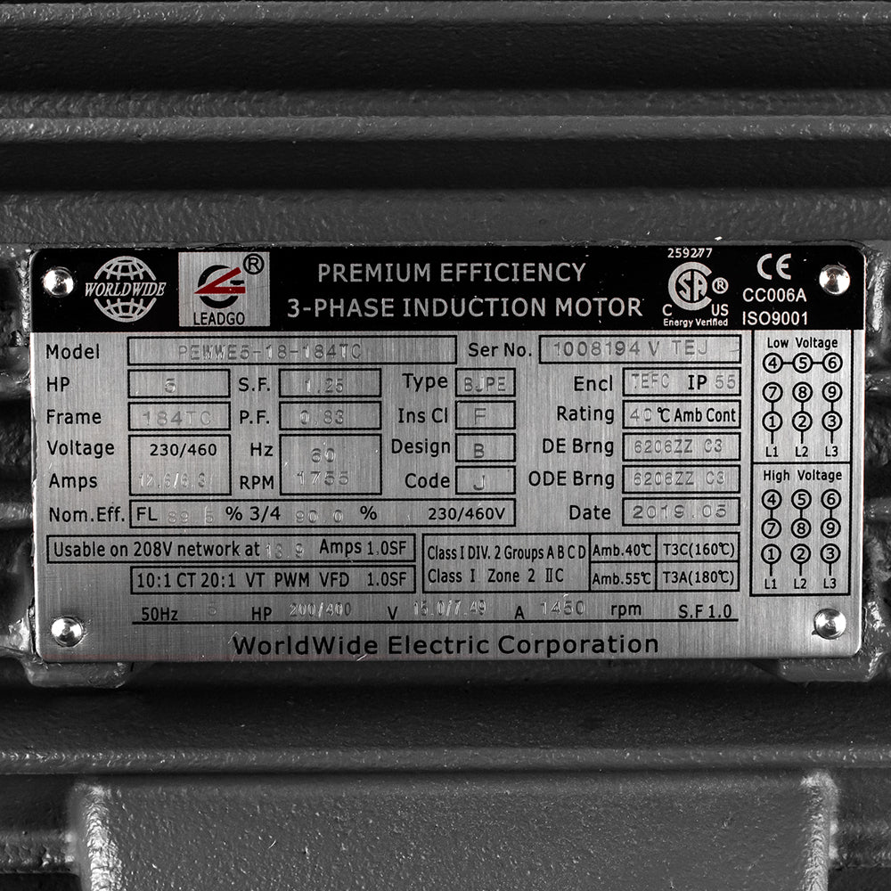  5 HP 3 Phase Electric Motor 1755 RPM 184TC Frame 230/460V TEFC C-Face(5 Hp 3 Phase Electric Motor C Face 1800 Rpm 184tc Tefc 230 460 Volt Severe Duty)