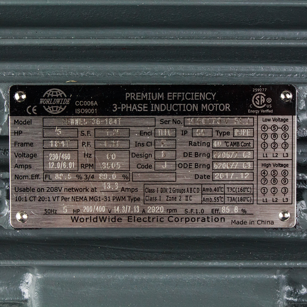  5 HP 3 Phase Electric Motor 3505 RPM 184T Frame 230/460V TEFC(5 Hp 3 Phase Electric Motor 3600 Rpm 184t Frame Tefc 230 460 Volt Severe Duty)