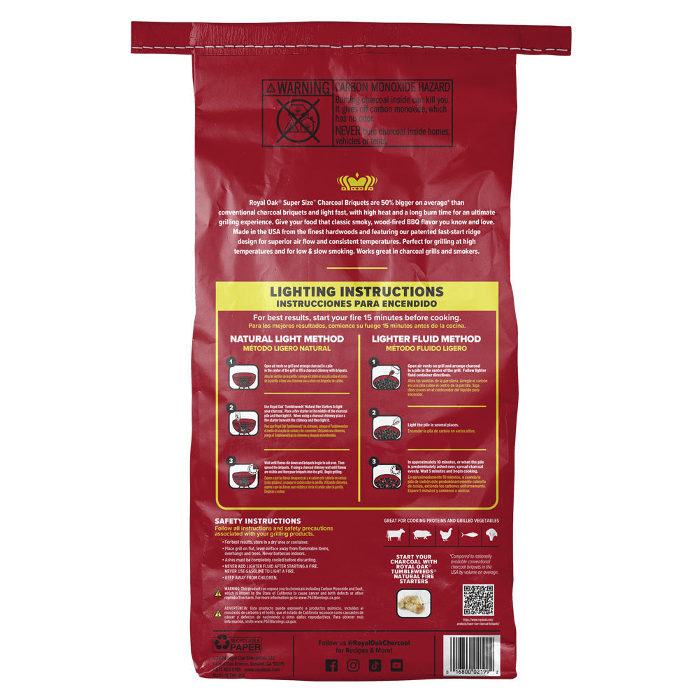  Royal Oak Super Size Charcoal Briquets 14 Lb Bag Classic Flavor Burns Longer(Royal Oak Super Size Briquets)