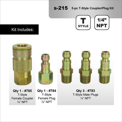  Milton S-215 1/4" T Style Coupler And Plug Kit 5 Pieces Air Tool Fittings(5 Piece T Style Coupler Kit Milton S 215)