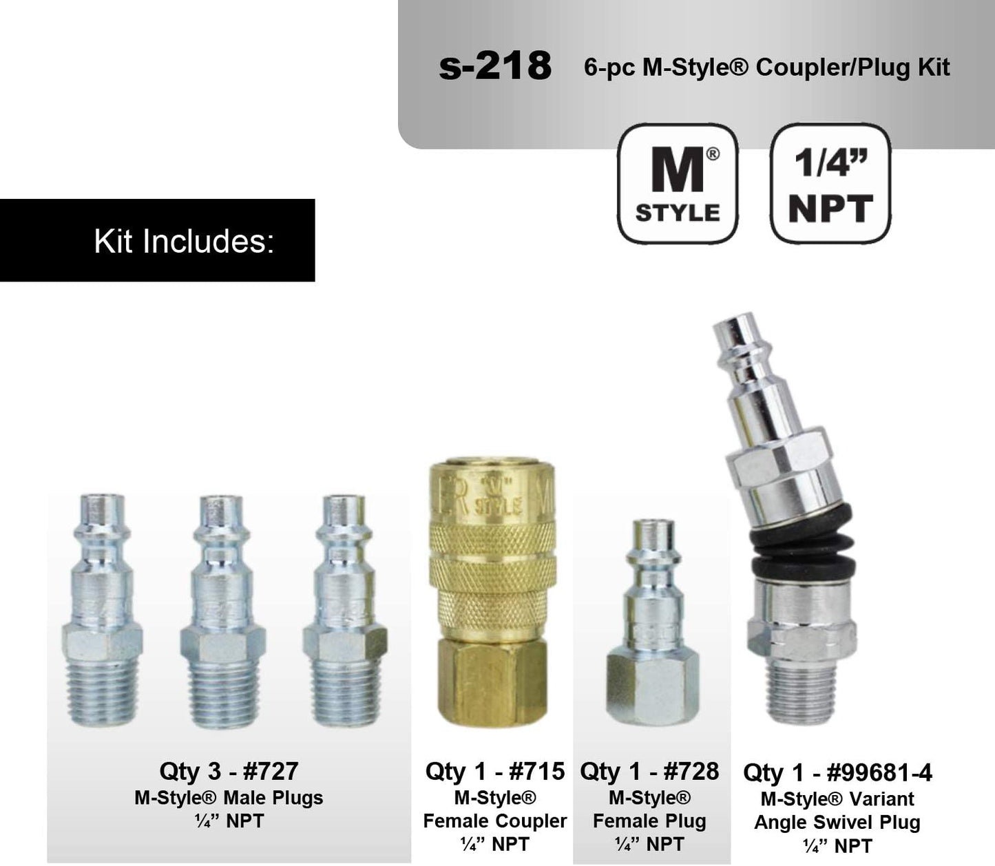  Milton S-218 1/4" M Style Swivel Coupler And Plug Kit 6 Pieces Industrial Style(1 4 M Style Swivel Coupler And Plug Kit Milton S 218)