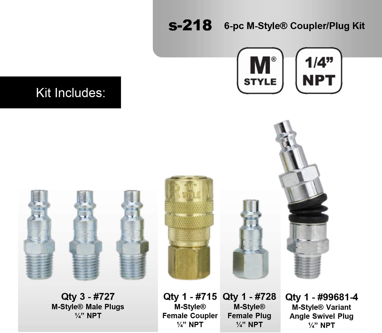  Milton S-218 1/4" M Style Swivel Coupler And Plug Kit 6 Pieces Industrial Style(1 4 M Style Swivel Coupler And Plug Kit Milton S 218)