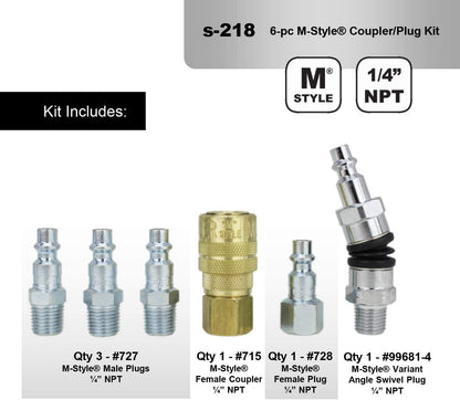  Milton S-218 1/4" M Style Swivel Coupler And Plug Kit 6 Pieces Industrial Style(1 4 M Style Swivel Coupler And Plug Kit Milton S 218)