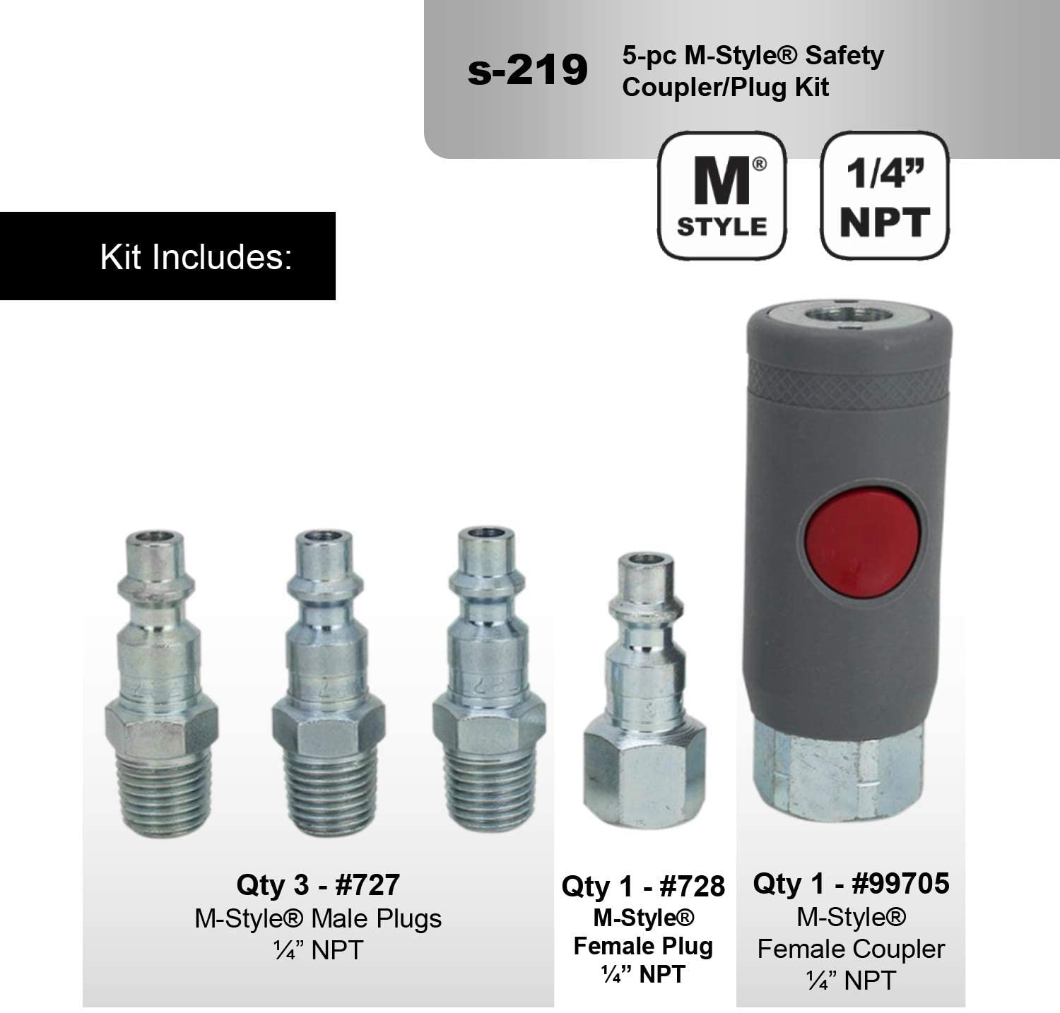  Milton S-219 1/4" M Style Safety Coupler And Plug Kit 5 Pieces Industrial Style(1 4 Fnpt M Style Safety Coupler And Plug Kit 5 Piece Set Milton S 219)