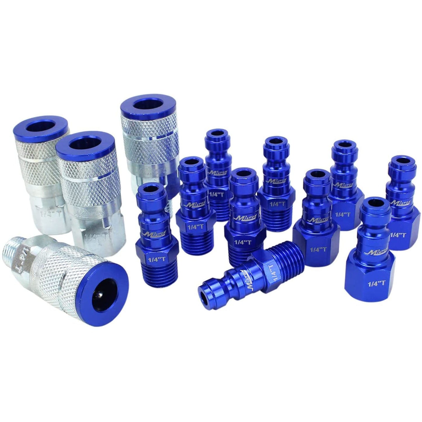  Milton ColorFit T Style Coupler And Plug Kit 1/4" NPT 14 Pieces S-314TKIT Blue(14 Piece T Style Coupler Plug Kit 1 4 Npt Blue Colorfit Milton S 314tkit)