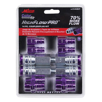  Milton ColorFit V Style Coupler And Plug Kit 1/4" NPT 14 Pieces S-314VKIT Purple(Colorfit V Style Coupler Plug Kit Highflowpro 1 4 Npt High Flow 14 Piece Set Milton S 314vkit)