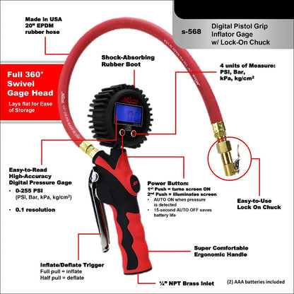  Milton S-568 Heavy Duty Digital Tire Inflator Gauge Lock On Air Chuck 20" Hose(Digital Tire Pressure Gauge Inflator With Air Chuck Heavy Duty 20 Hose 255 Psi 1 4 Npt Milton S 568)