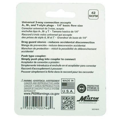  Milton Industries 1/4" MNPT A,M,&T Style Coupler 300 PSI Maximum 42 SCFM S-746(3 Way 1 4 M Body A M T)