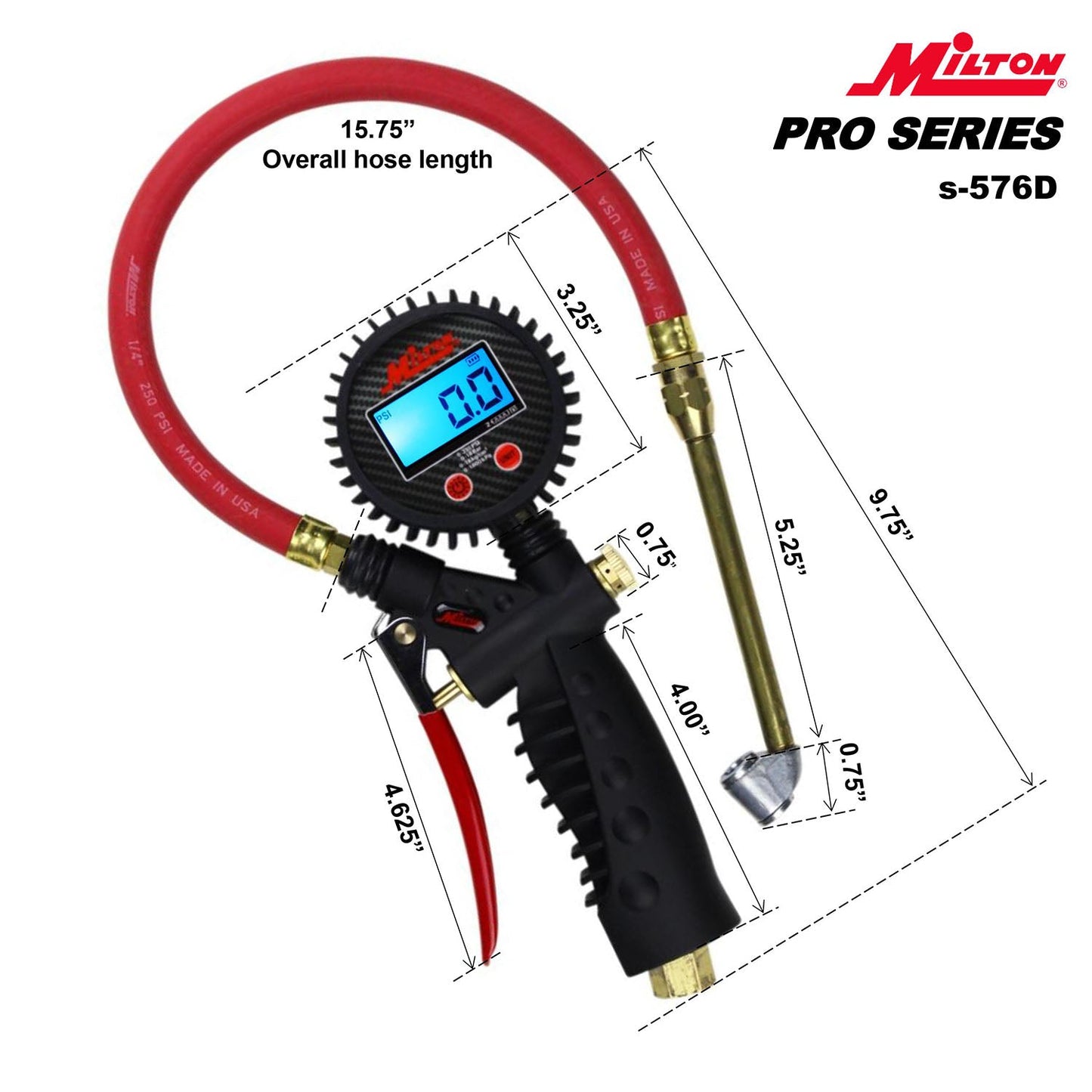  Milton S-576D Pro Digital Tire Inflator Gauge Classic Dual Headed Chuck 255 PSI(Pro Digital Tire Inflator Pressure Pistol Grip Gauge Classic Dual Head Chuck 15 Hose)
