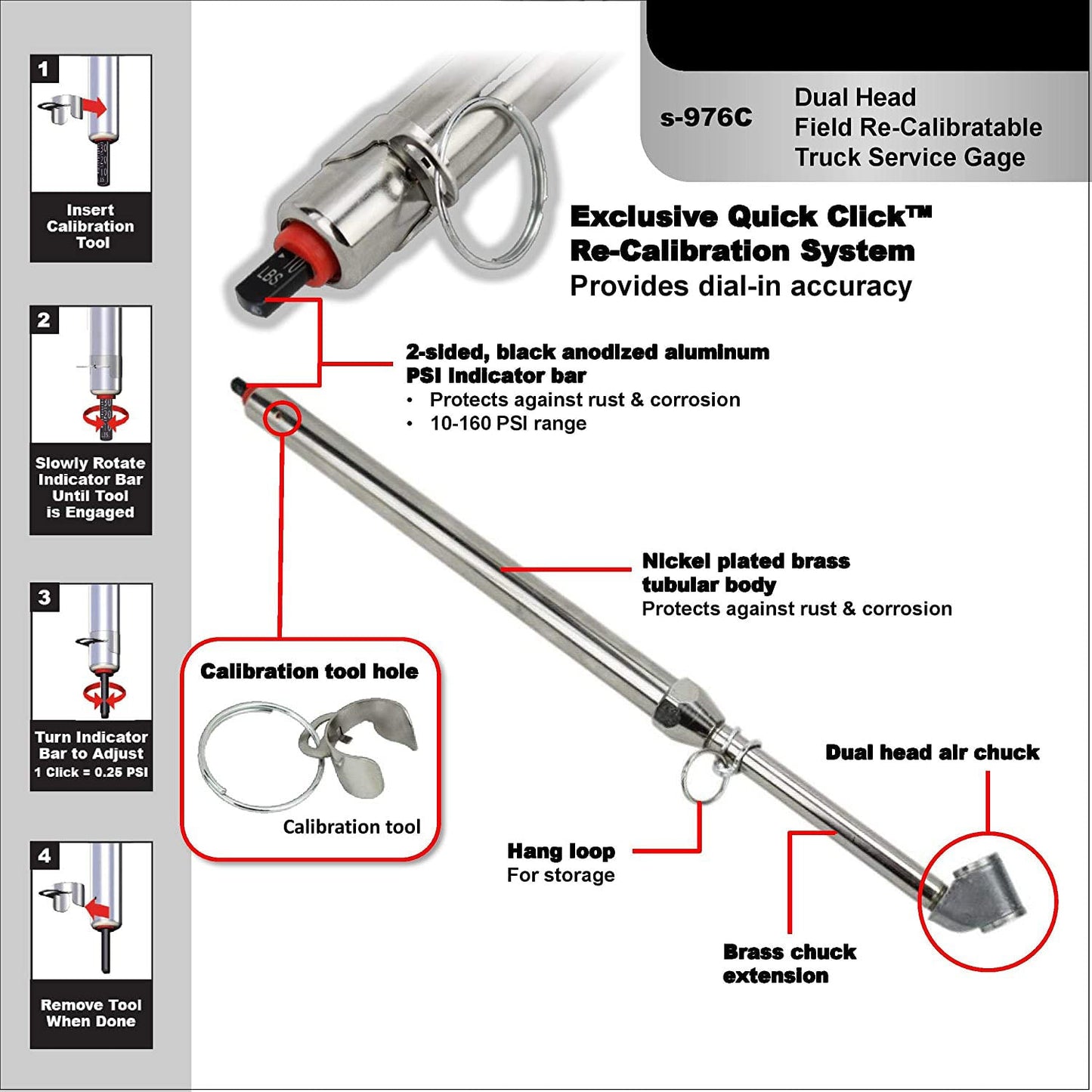  Milton S-976C Field Calibratable Service Gauge Tire Pressure Gauge USA Made(Milton Calibratable 976 Service Gage S 976c)