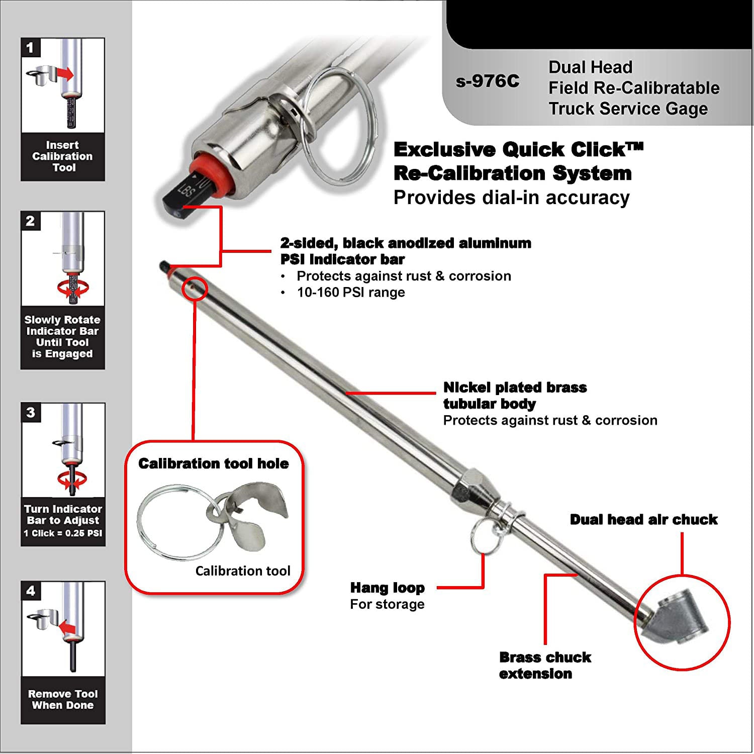  Milton S-976C Field Calibratable Service Gauge Tire Pressure Gauge USA Made(Milton Calibratable 976 Service Gage S 976c)