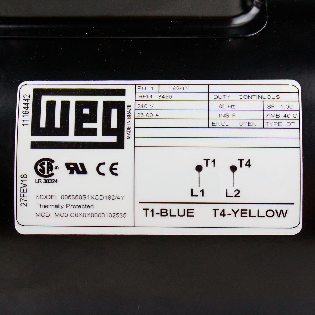  6.4 HP Single Phase Electric Motor 3450 RPM 182/4Y Frame 240V ODP WEG(Weg 6 4 Hp Single Phase Electric Heavy Duty Compressor Motor 56 Frame 240v 3450 Rpm)