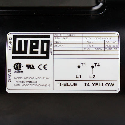  6.4 HP Single Phase Electric Motor 3450 RPM 182/4Y Frame 240V ODP WEG(Weg 6 4 Hp Single Phase Electric Heavy Duty Compressor Motor 56 Frame 240v 3450 Rpm)