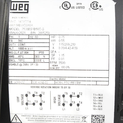  3/4 HP Single Phase Electric Motor 3500 RPM 56C Frame 115/208-230V TEFC C-Face WEG(Rolled Steel 75 Hp Electric Motor 56c 1 Phase 115 208 230v 60hz Ic411 Tefc Weg)