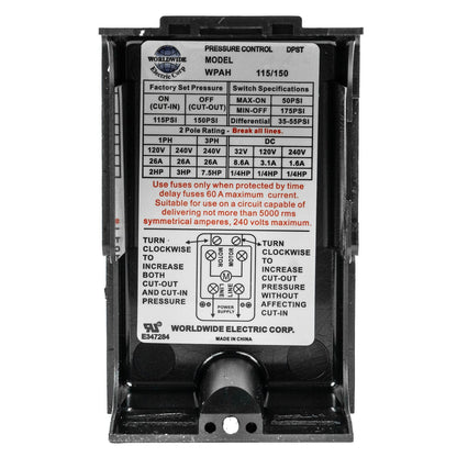  Heavy Duty 26 Amp Air Compressor Pressure Switch Control 115-150 PSI Single Port WPAH115/150(Wpah115 150 Pressure Switch)