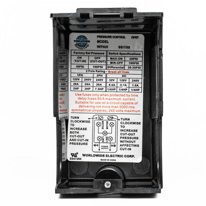  Heavy Duty 26 Amp Air Compressor Pressure Switch Control 80-100 PSI Single Port WPAH80/100(Wpah80 100 Pressure Switch)
